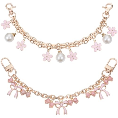 2Pcs 2 Styles Gold Decorative Bag Chain 8 inch Gold Chain - Bow & Flower Pearl