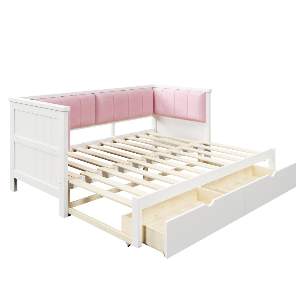Pink & White Velvet Daybed Twin XL to King w/ Storage & Backrest