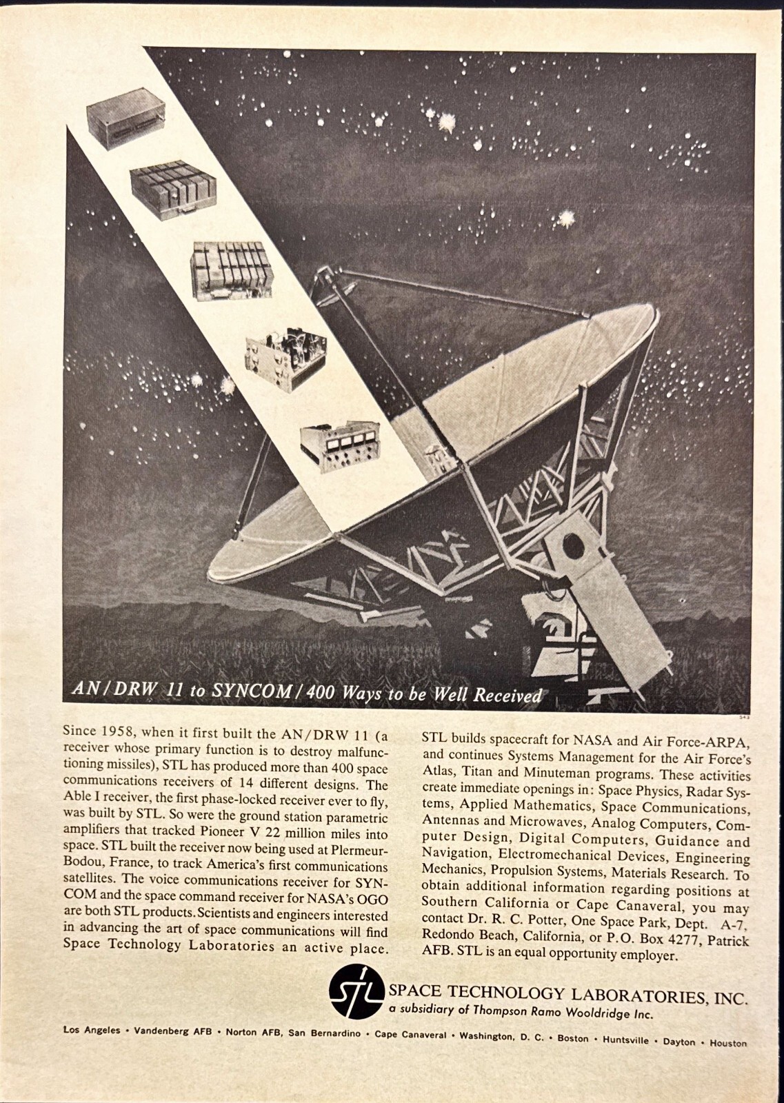 STL Space Technology Laboratories Space Communication Jobs Vintage Print Ad 1963