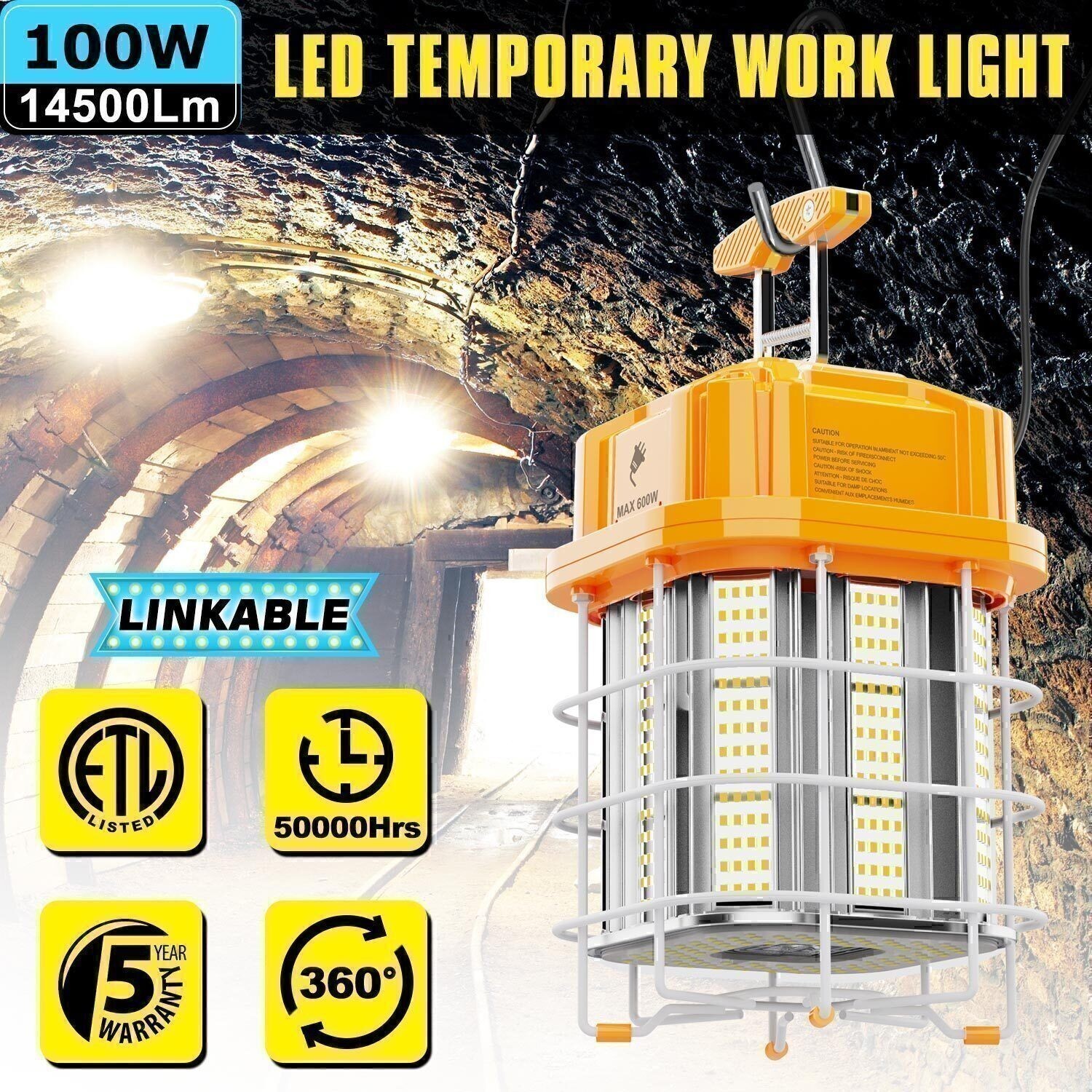Led Temporary Work Light 100W, Linkable Warehouse High Bay Construction Lights
