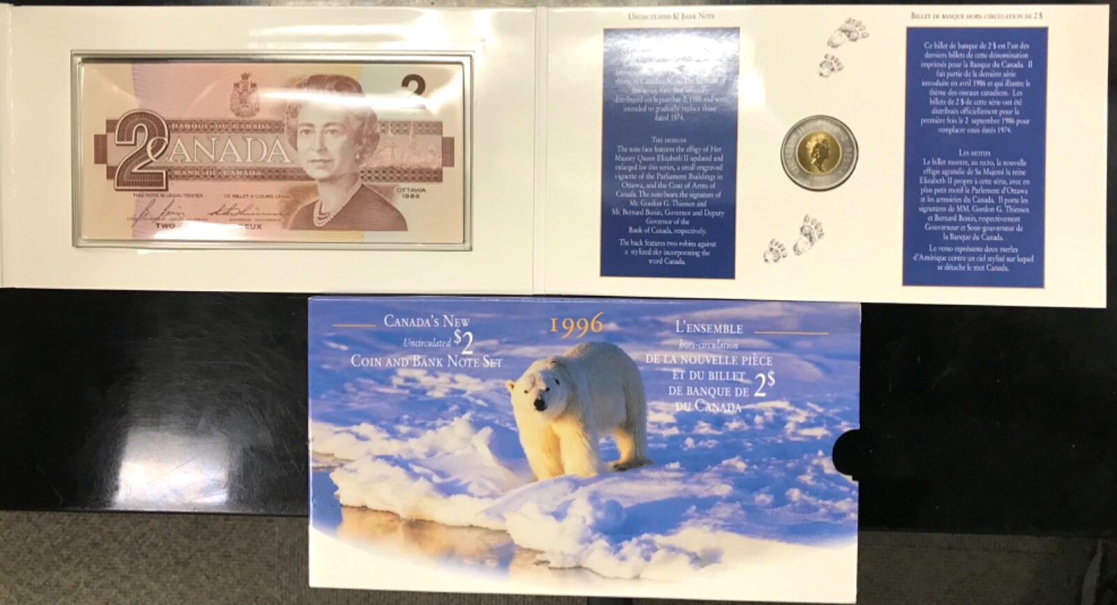 1996 Canada Uncirculated $2 Coin and Bank Note Set in case.