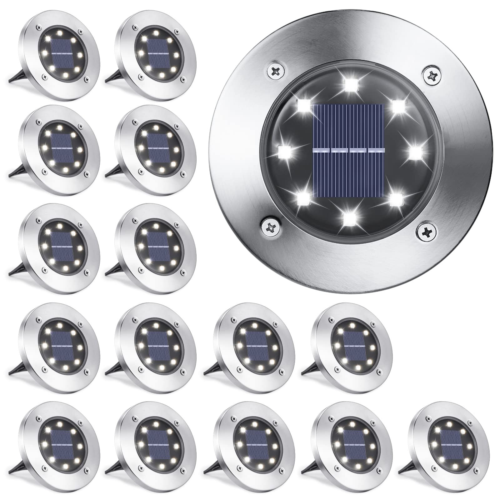 Solar Ground Lights Outdoor, 16 Pack 8 LED Solar Disk Lights Waterproof Garde...