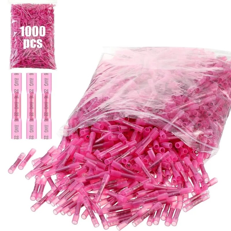 NEW 1000Pcs Red Heat Shrink Butt Wire Connectors Crimp Terminals AWG 16-22 Gauge