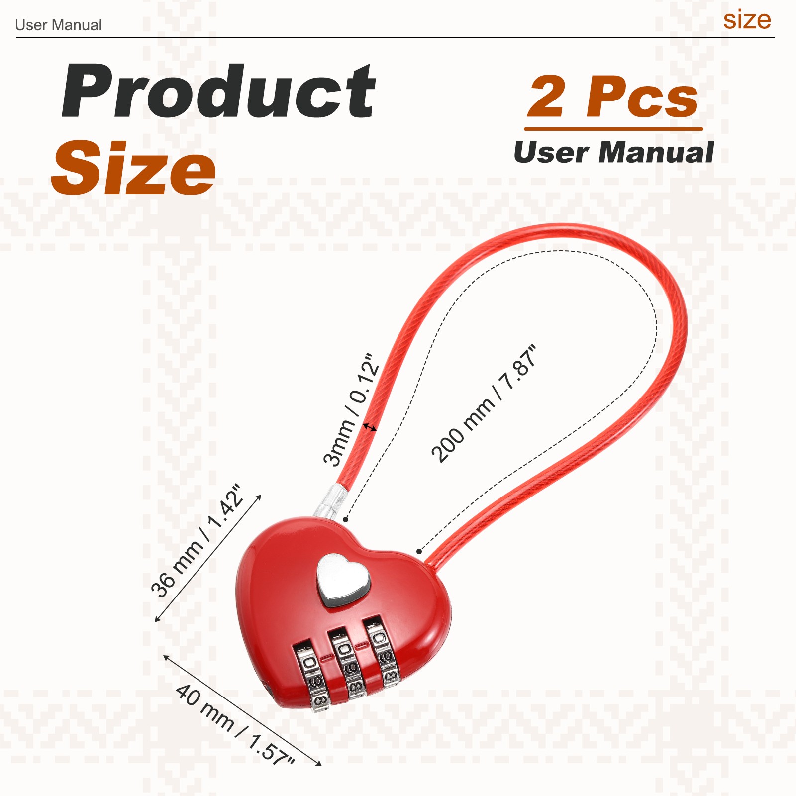 Combination Padlock (7.9 Inch, Red)(2 Pcs), 3-Digit Heart Shaped Combo Padlock