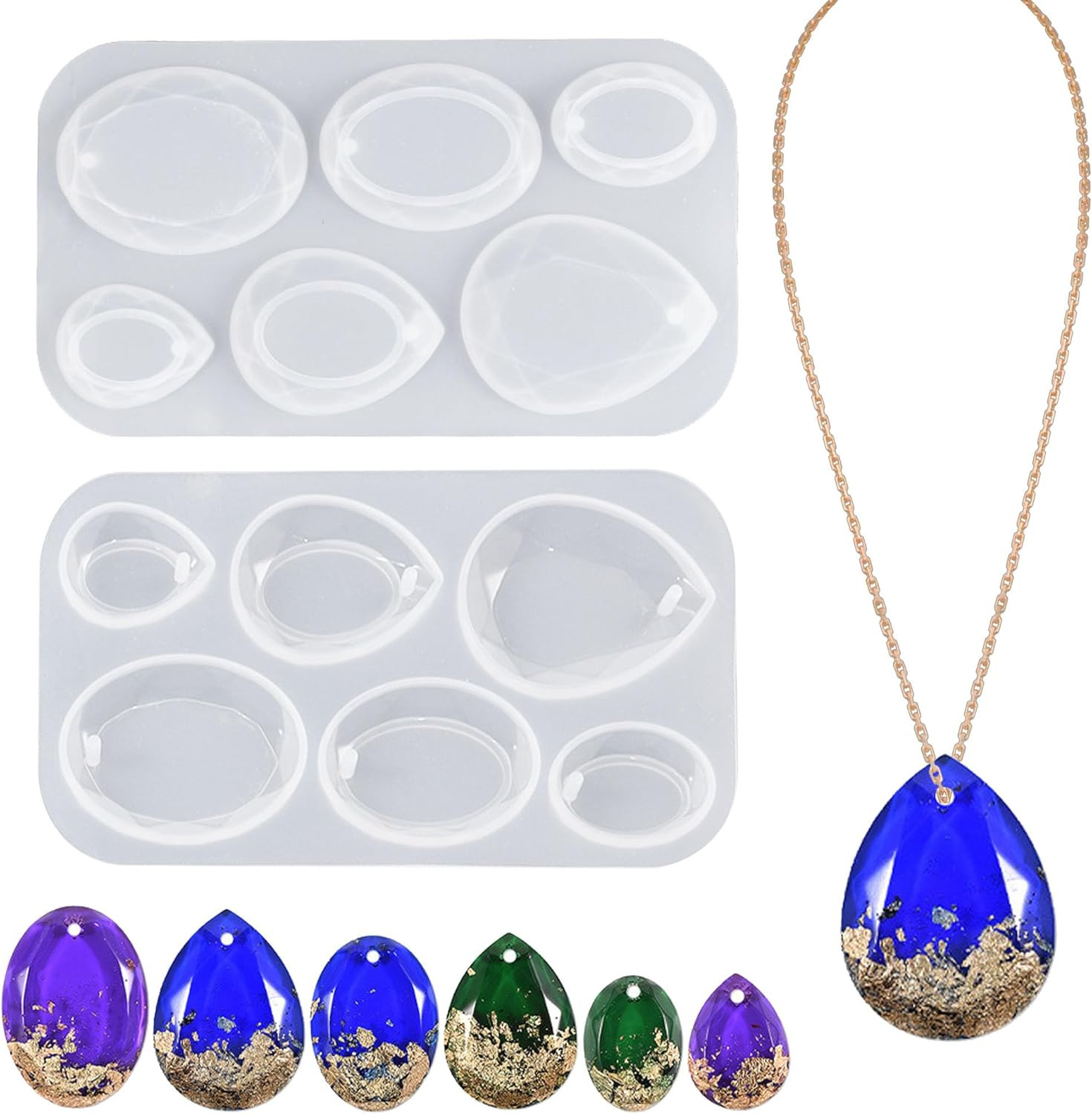 2Pcs Waterdrop and Oval Resin Jewelry Molds,6 Cavities Silicone Pendant Molds fo