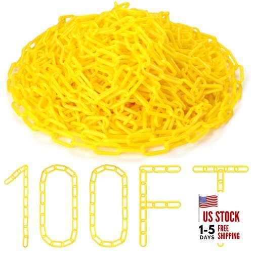 Yellow Plastic Chain Links, Plastic Safety Chain Barrier Weatherproof 100ft 1