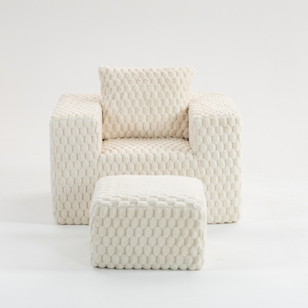 Corduroy Lounge Chair with Ottoman, High Back Sofa, Pillow, No Assembly