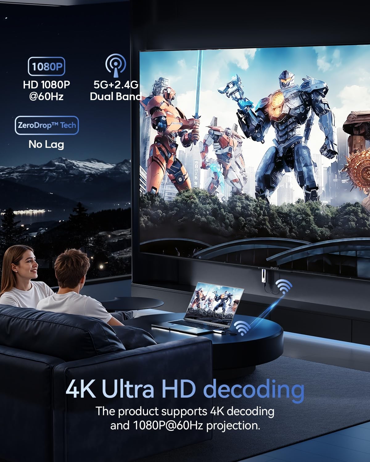 Wireless HDMI Transmitter and Receiver 328FT/100M, 4K Simplicity, Silver