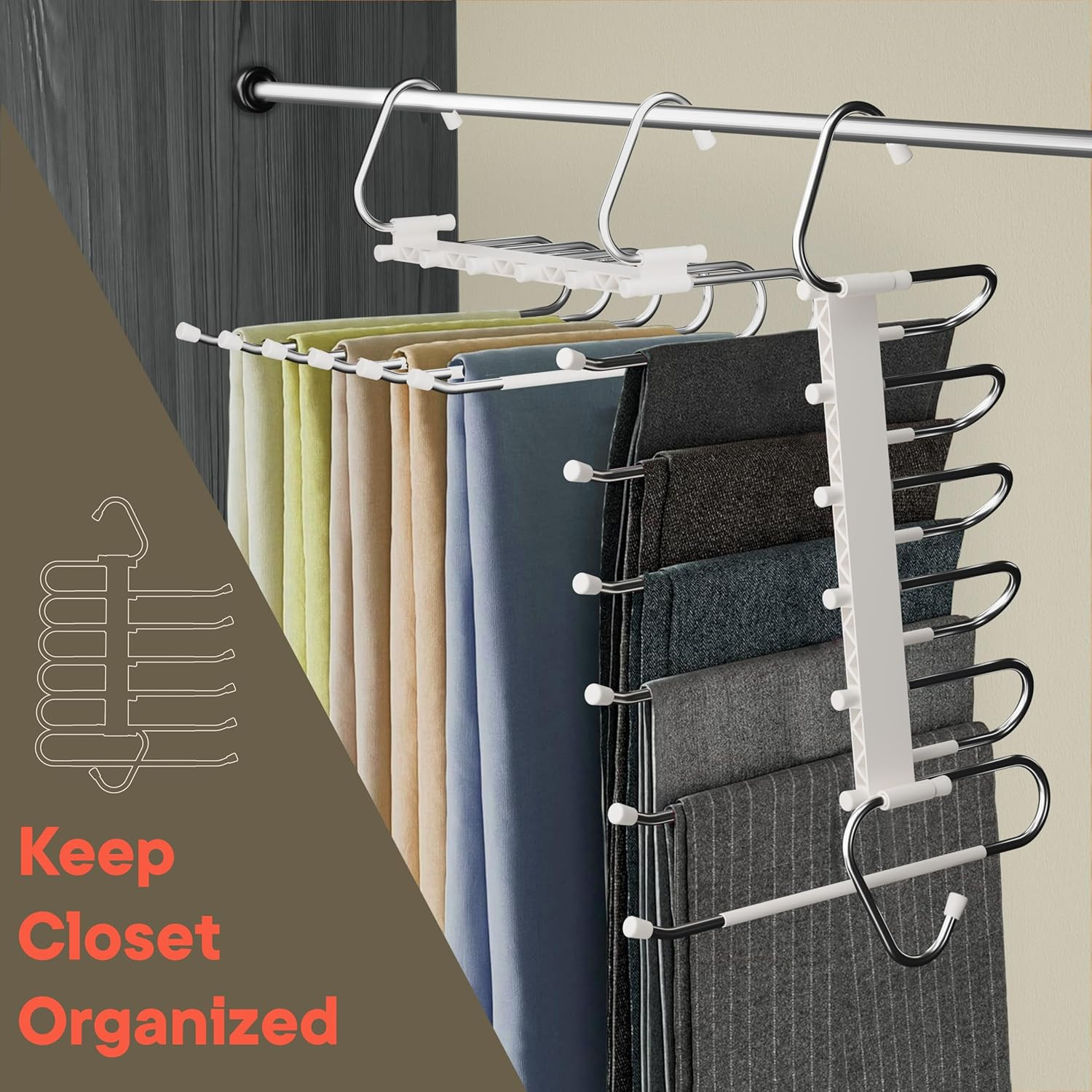 Space Saving Pants Hangers 4 Pack, 6 Layer Jeans Hangers and Closet Organizer fo