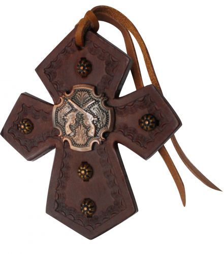 Leather Saddle Tie On Cross w/ Brushed Copper Crossed Guns Concho! Free Ship!