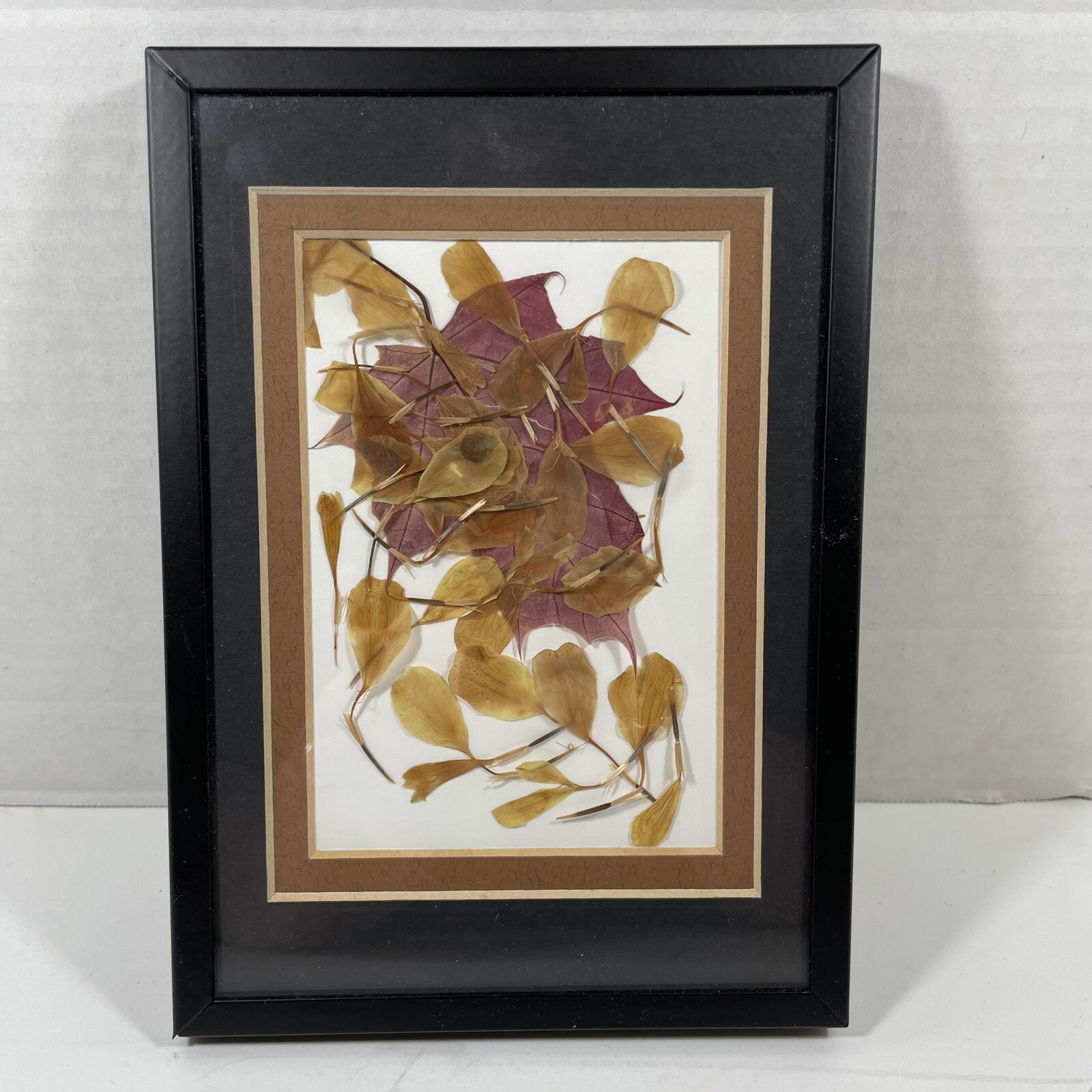 Framed Dried Leaf Collage Purple Yellow Brown Mat Black Frame 5 x 7 Assemblage