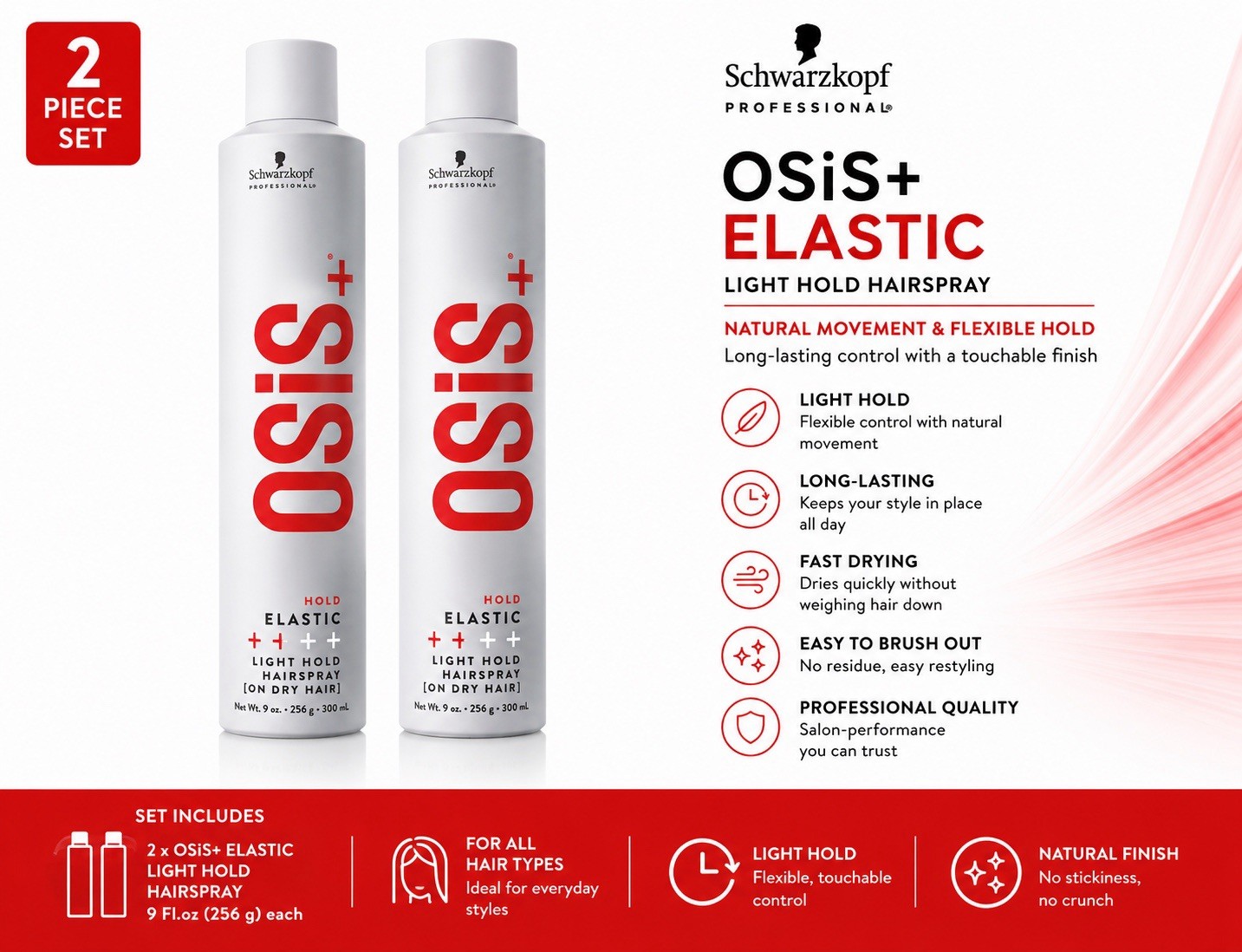 Schwarzkopf Osis+ Elastic Light Hold Hairspray 9 oz 300ml Duo Pack Set of 2