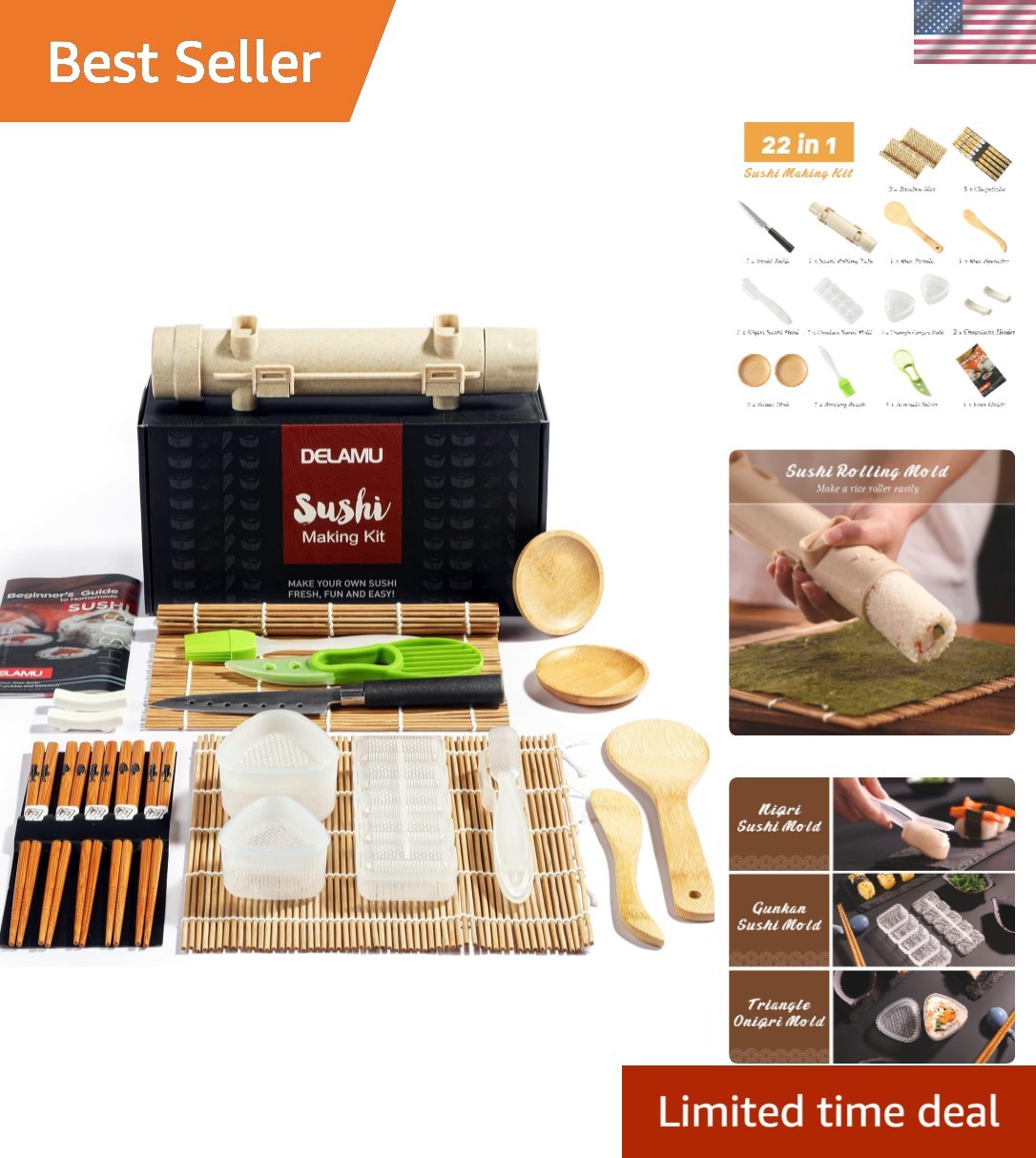 Complete 22-Piece Sushi Kit for Beginners with Brainy User Guide Included