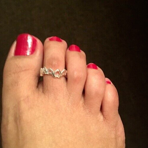 Solid Metal 925 Silver Women's Love Heart Adjustable Toe Ring White Gold Plated