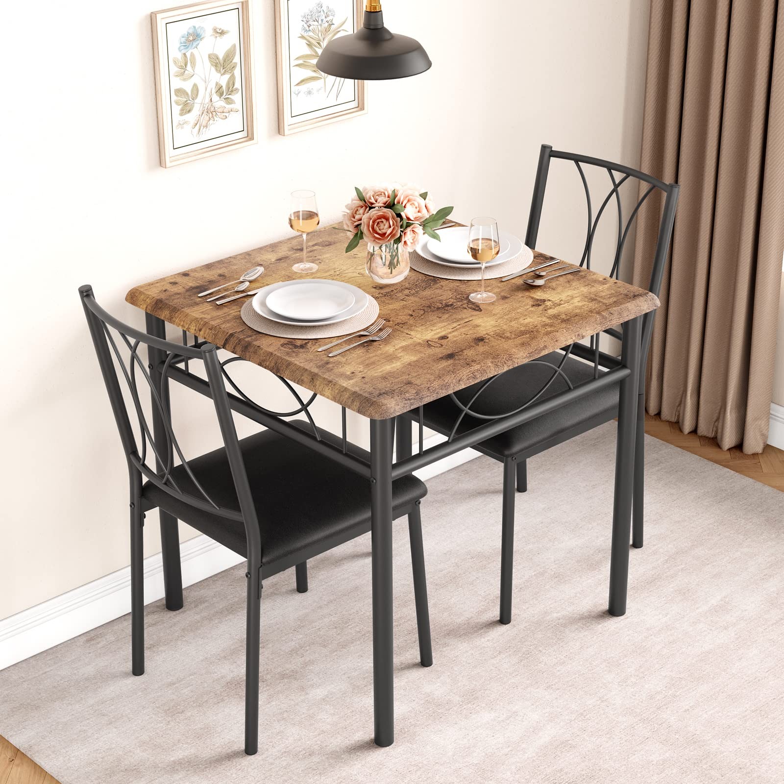 Garvee 3-Piece Wood Dining Table Set for 2, Compact Square Kitchen Table Set wit