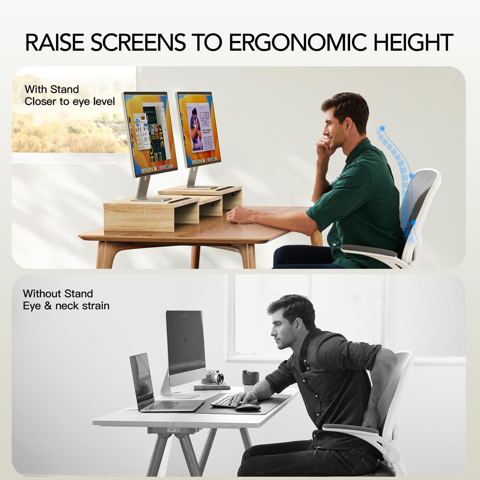 AMERIERGO Dual Monitor Stand Riser- 3 Shelf Screen with Adjustable Length and