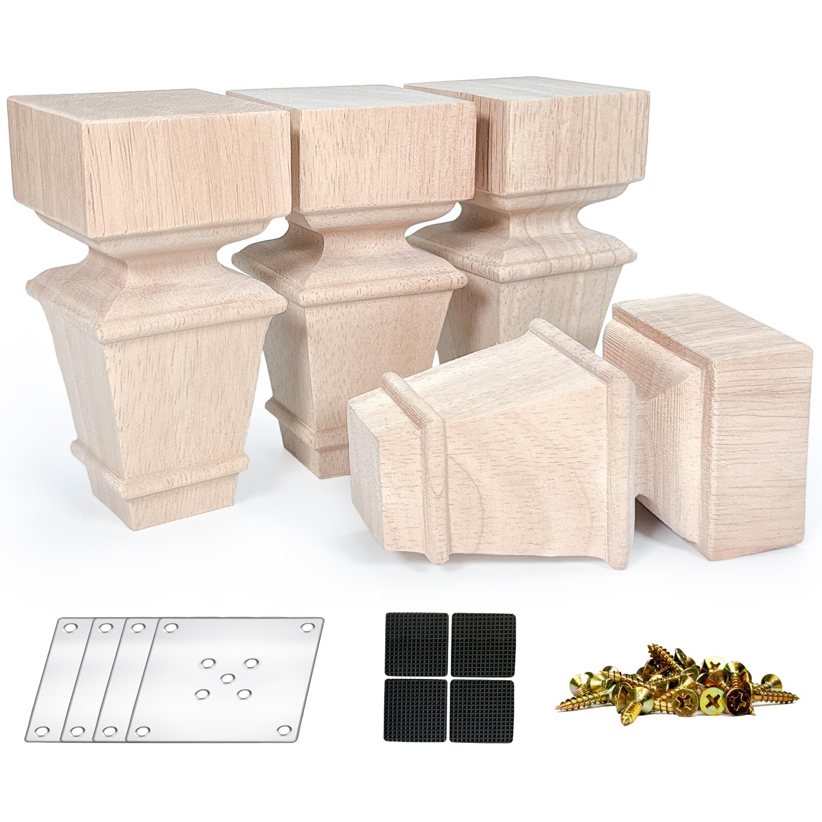 5 Inch Wooden Furniture Legs, Set of 4 Replacement Solid Wood Unfinished Squa...