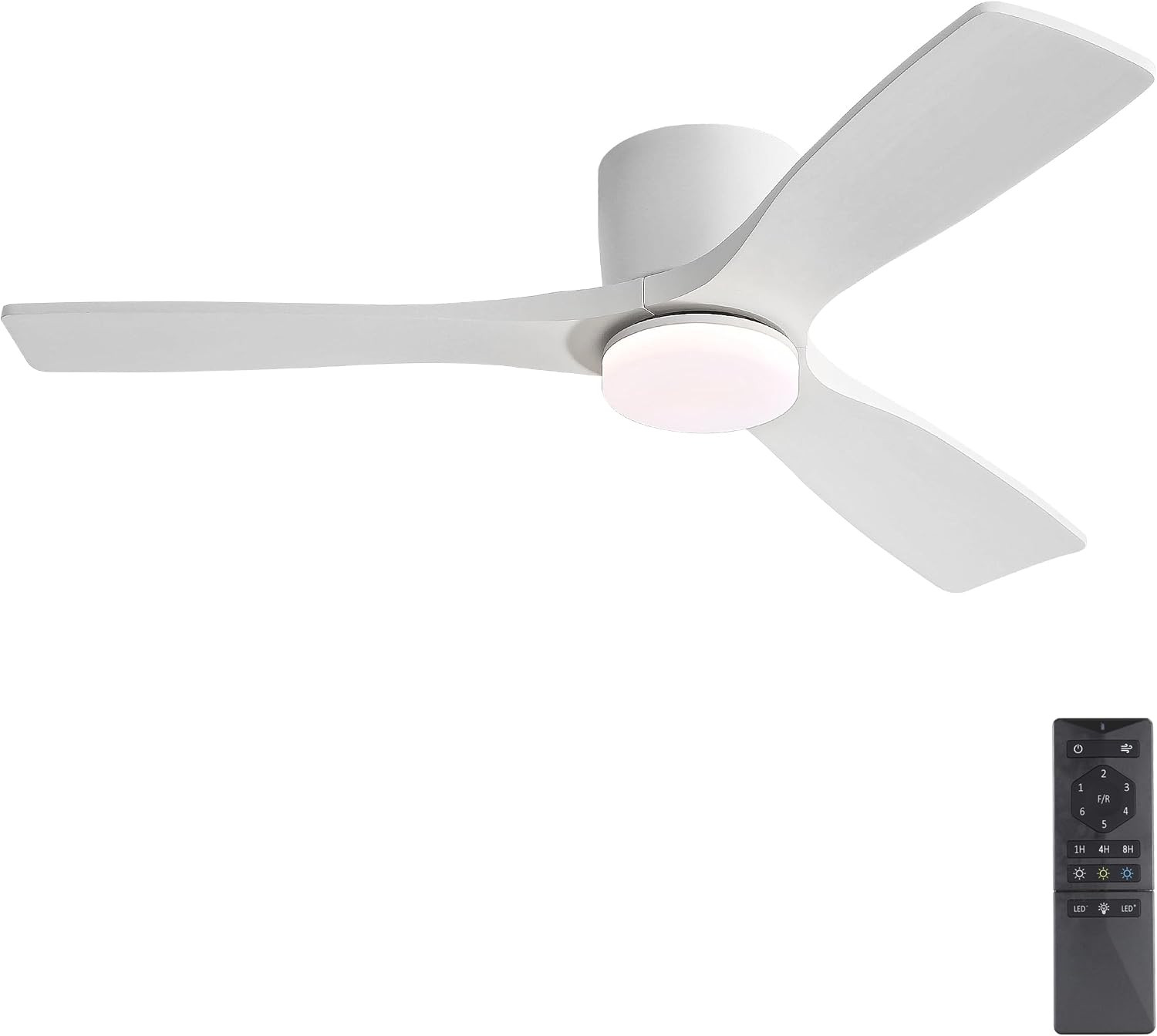 48 Inch Flush Mount DC Ceiling Fan, 3CCT Dimmable Light, 3 Carved Wood Blades, 6