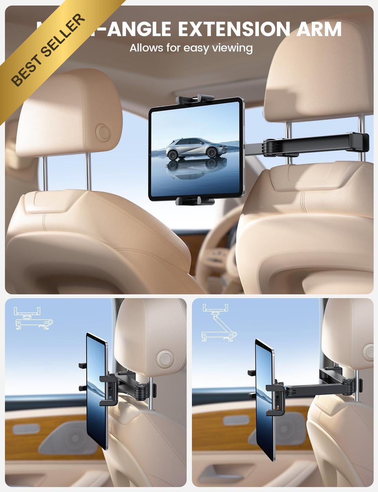 Lamicall Car Headrest Tablet Holder - [Lockable] 4.7-13" Tablets, Black