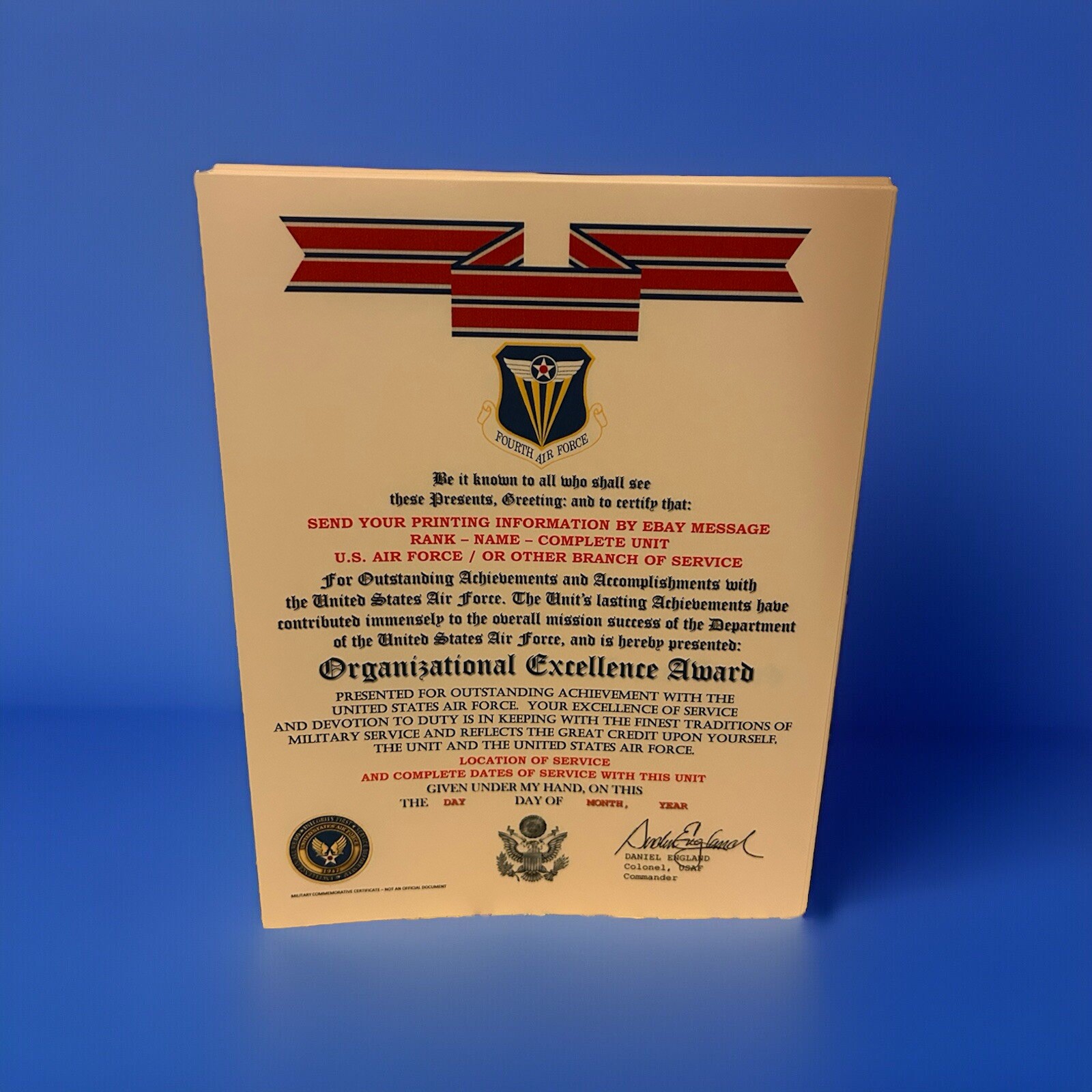 U.S. AIR FORCE / 4TH AIR FORCE - ORGANIZATIONAL EXCELLENCE AWARD CERTIFICATE
