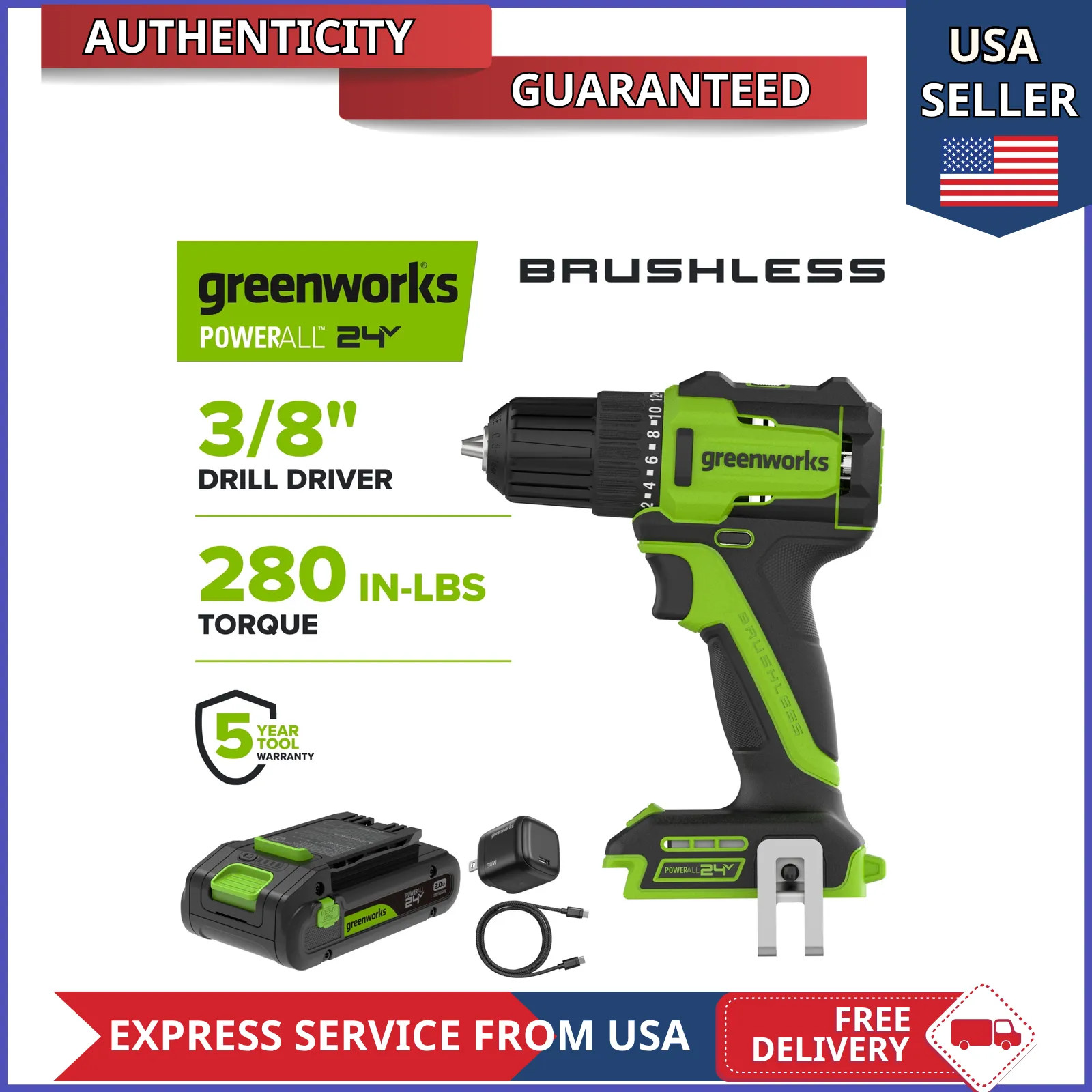 Greenworks 24V Brushless 3/8 Inch Drill Driver with USB C Battery PowerAll