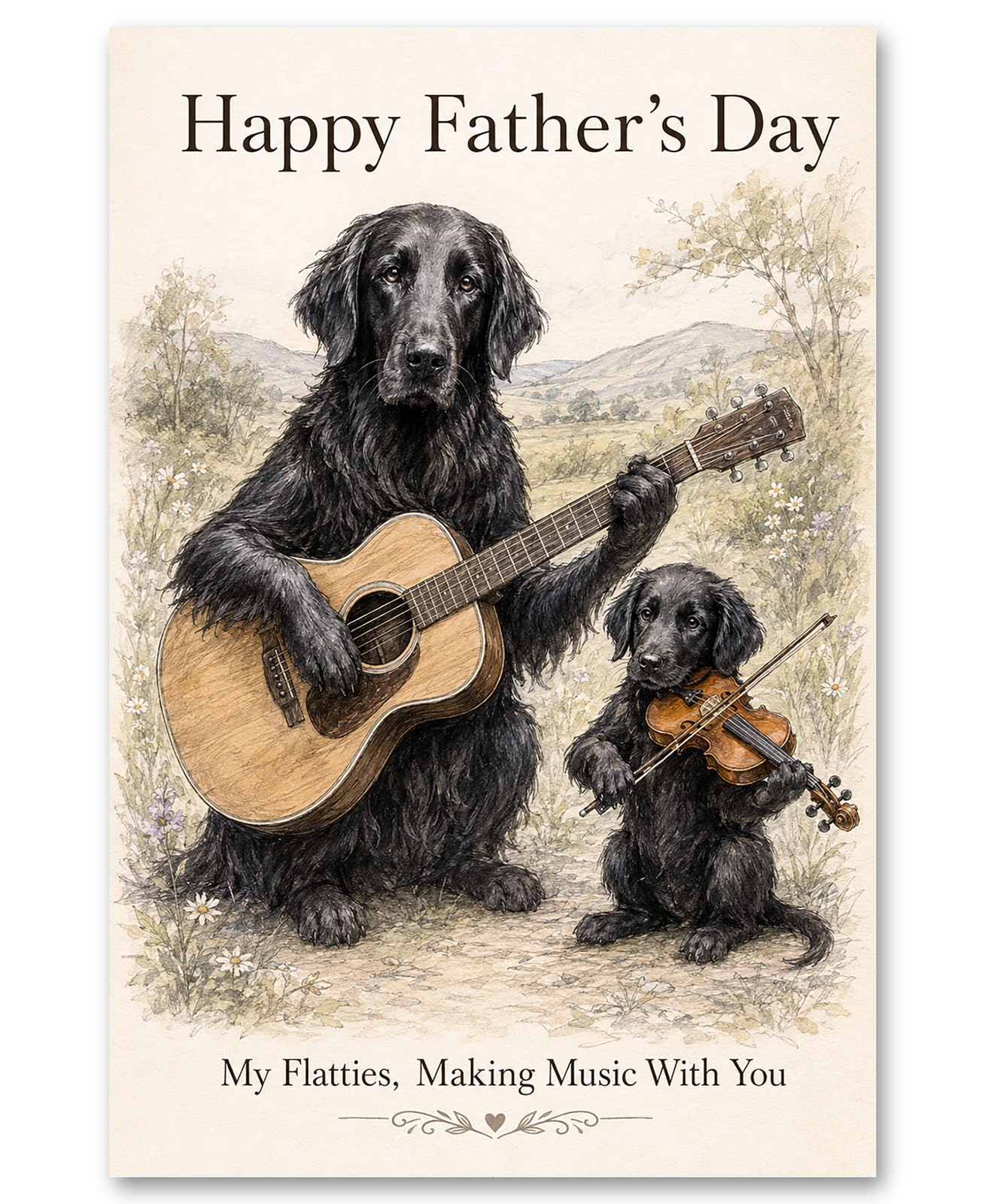 Flat Coated Retrievers Playing Music Together on Father's Day