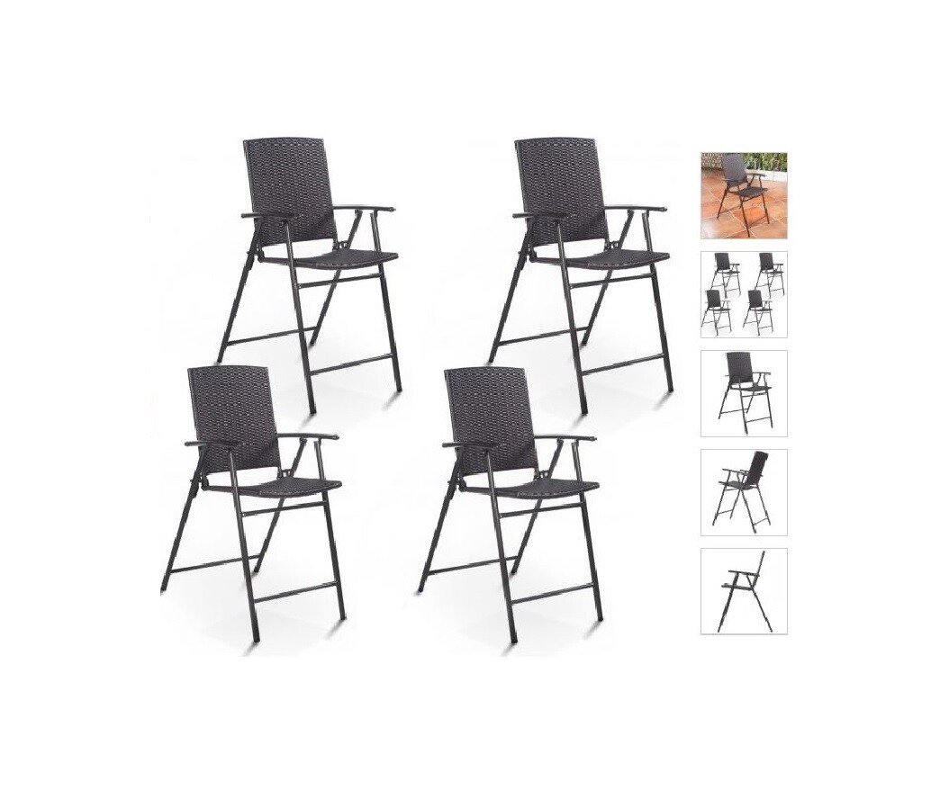 Dark Brown 4 Pc Wicker 24" Folding Stools Indoor Outdoor Rattan Foldable Bar Ch