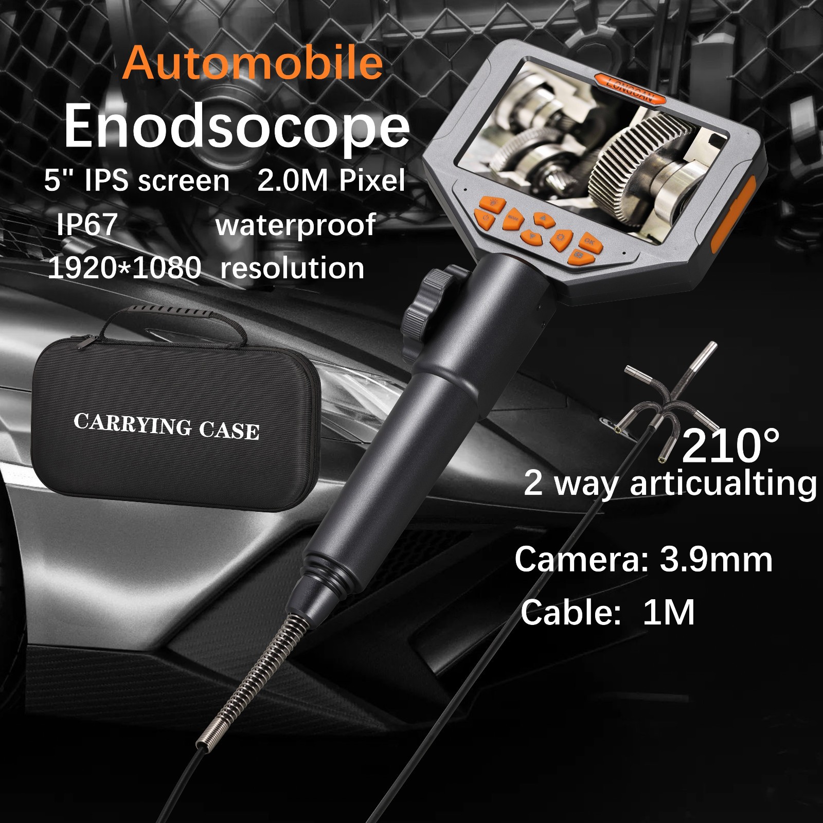 LONGCAN 3.9mm Two-Way Articulating 5-inch IPS Screen Inspection Camera endoscope