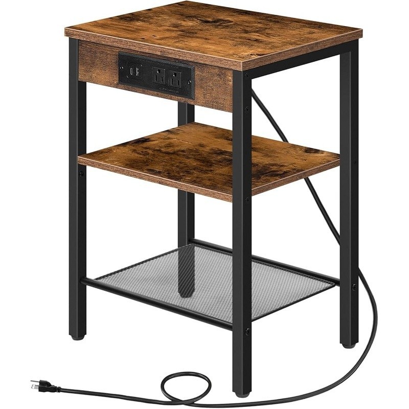 Multifunctional Side Table W/ Charging Station Adjustable Storage Shelves New