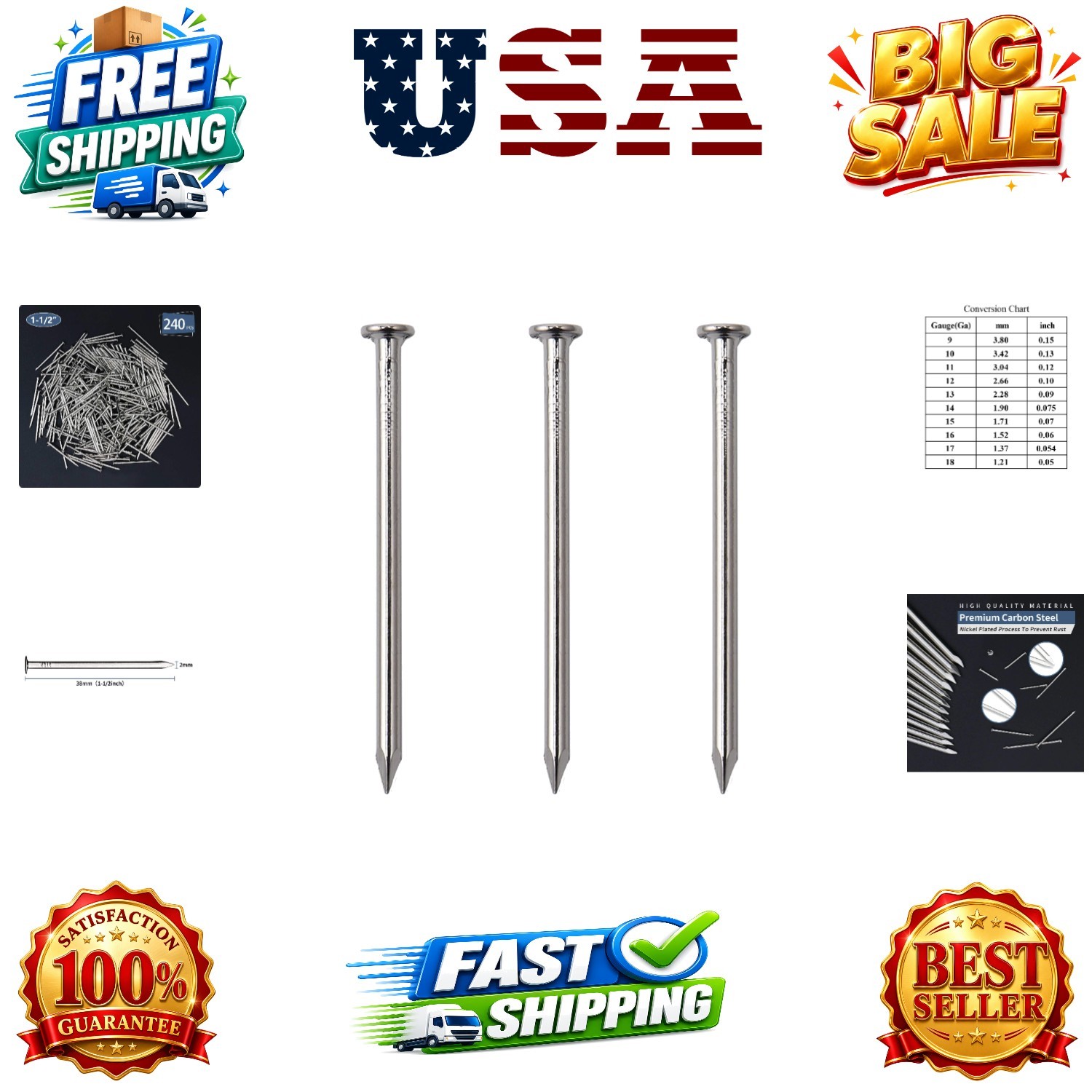 240pcs 1-1/2" Nickel Flat Head Nails for Hanging Pictures Woodwork |  Carbon ...