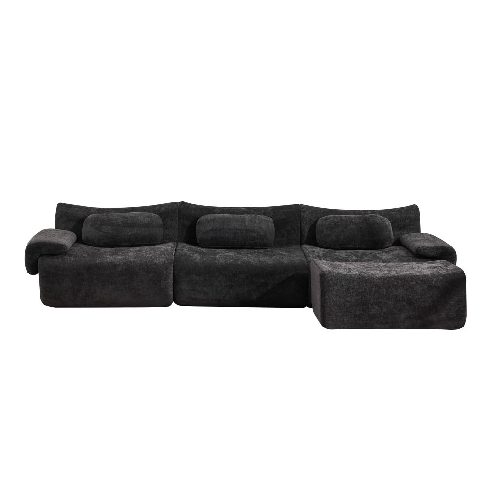 Modular Chenille Sofa 3-Seat Cushion Back Modern Upholstered Sectional, Black