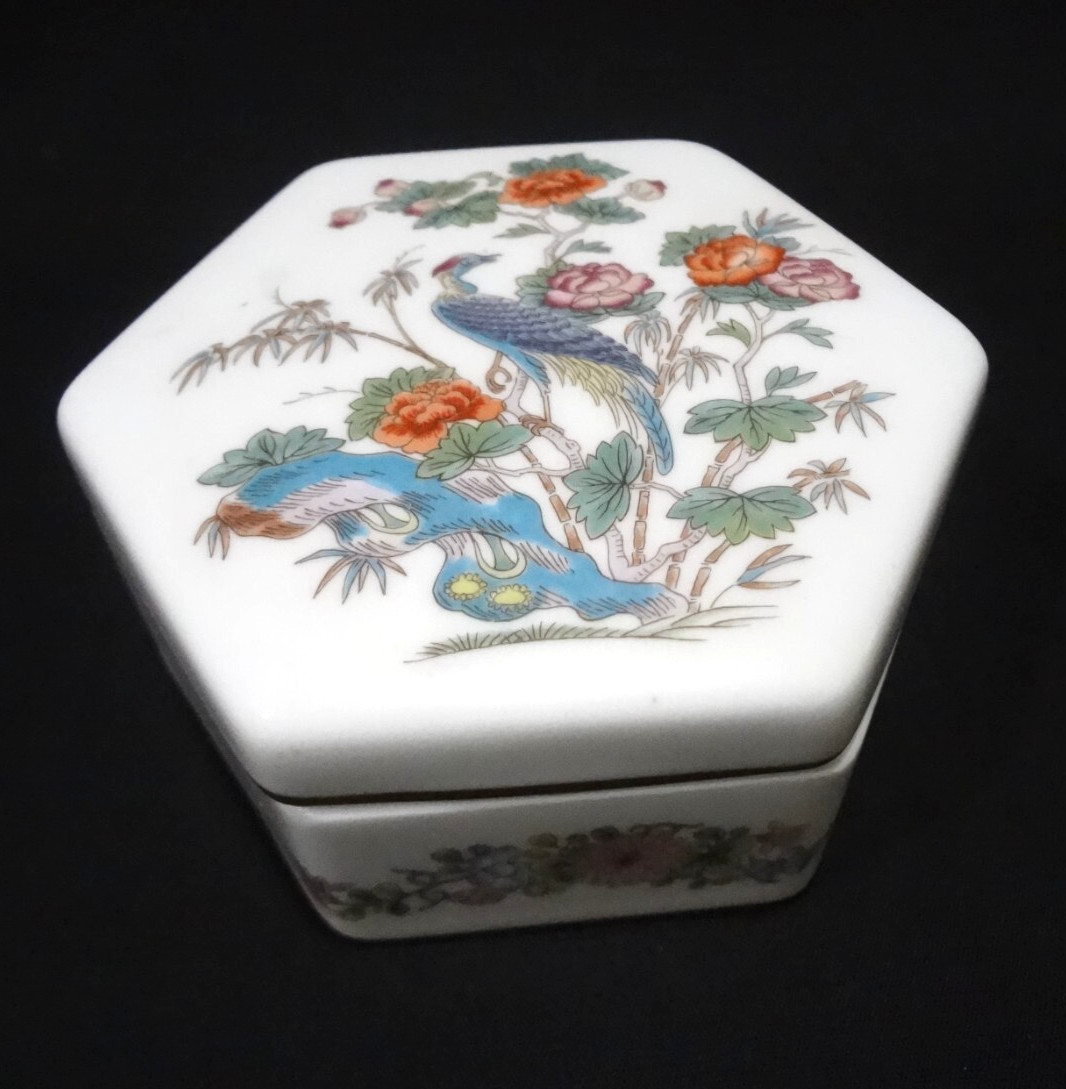 Wedgwood China Kutani Crane - Hexagonal Trinket Box with Lid - Blue Birds Floral
