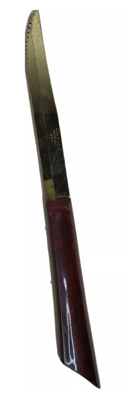 Quikut Steak Knife Gold Brass Color Blade 7.75” Long Plastic Handle 3 7/8” Blade