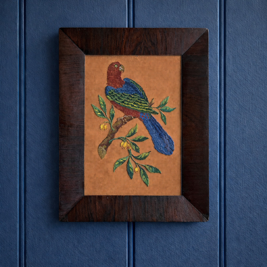 19th Century Victorian Parrot Bird Beadwork Picture On Perforated Punched Paper