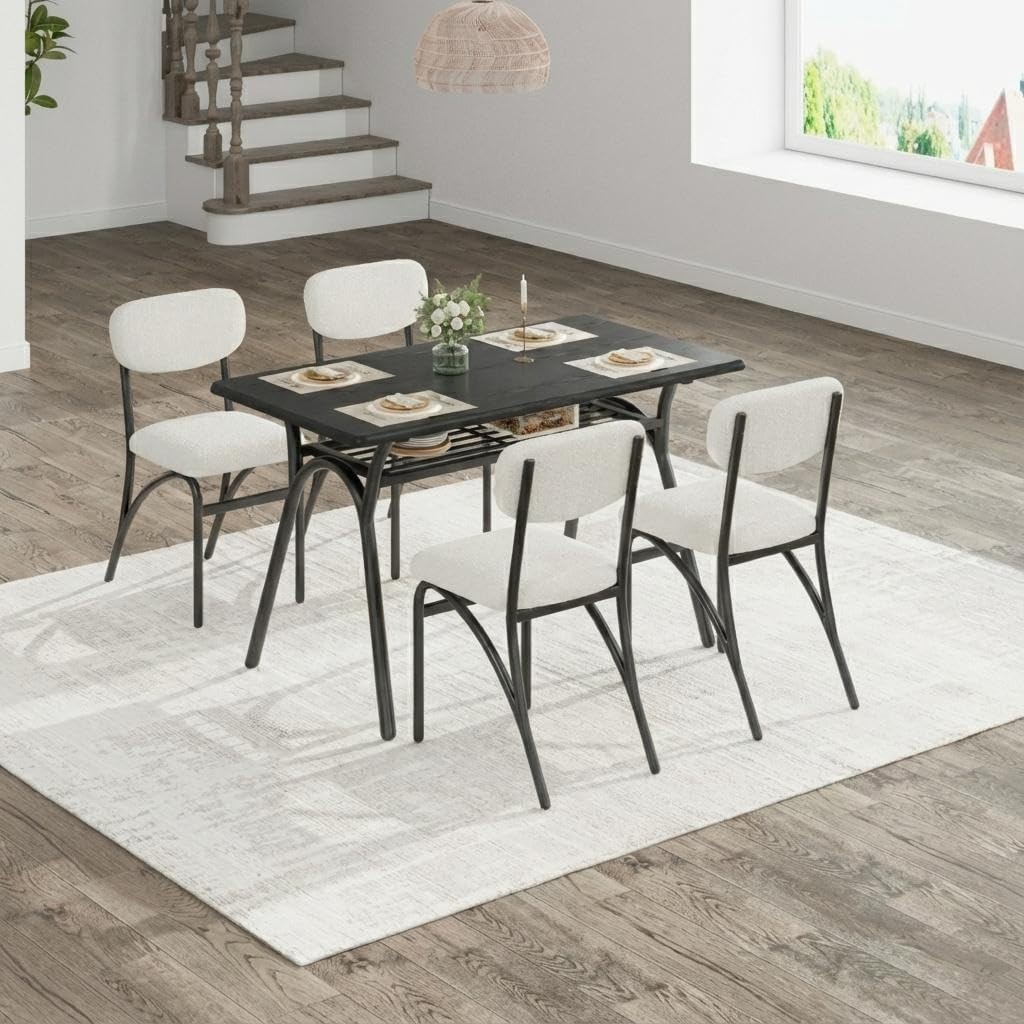 Perfect Space Solution, 4-Person Dining Set W/ Storage Rack, Grey Chair & Marble