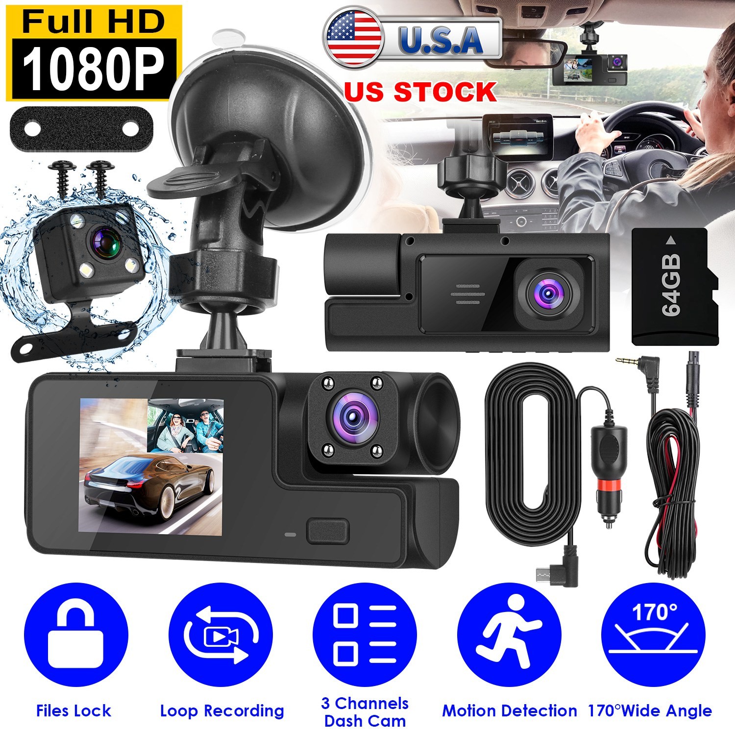 1080P HD Dash Cam WiFi Front Rear Inside Dash Camera Loop Recording Camera