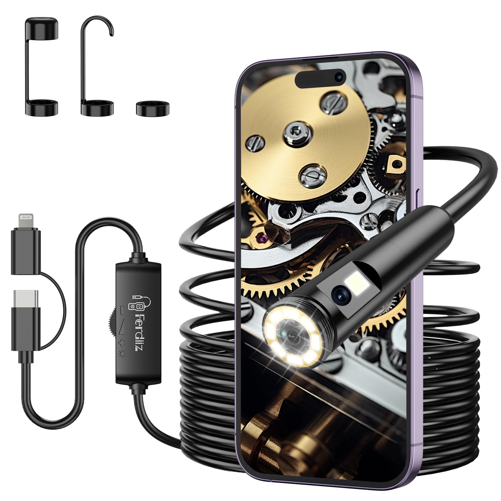 Dual Lens Endoscope Camera with Light, 1920P HD Borescope with 8 Adjustable LED