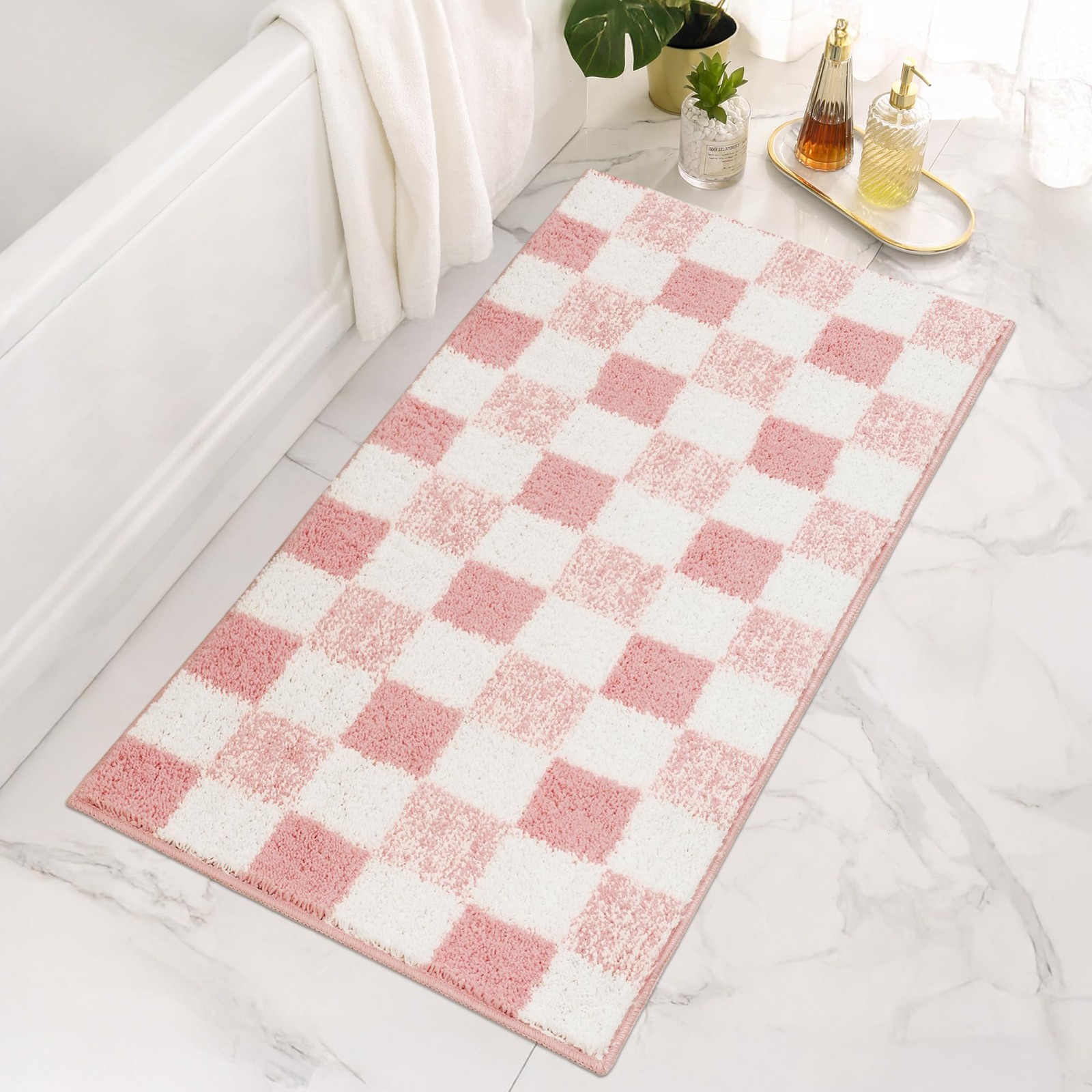 GRANNY SAYS Checkered Pink Bathroom Rugs Decor, 48" x 24", Fluffy Rug, Absorbent