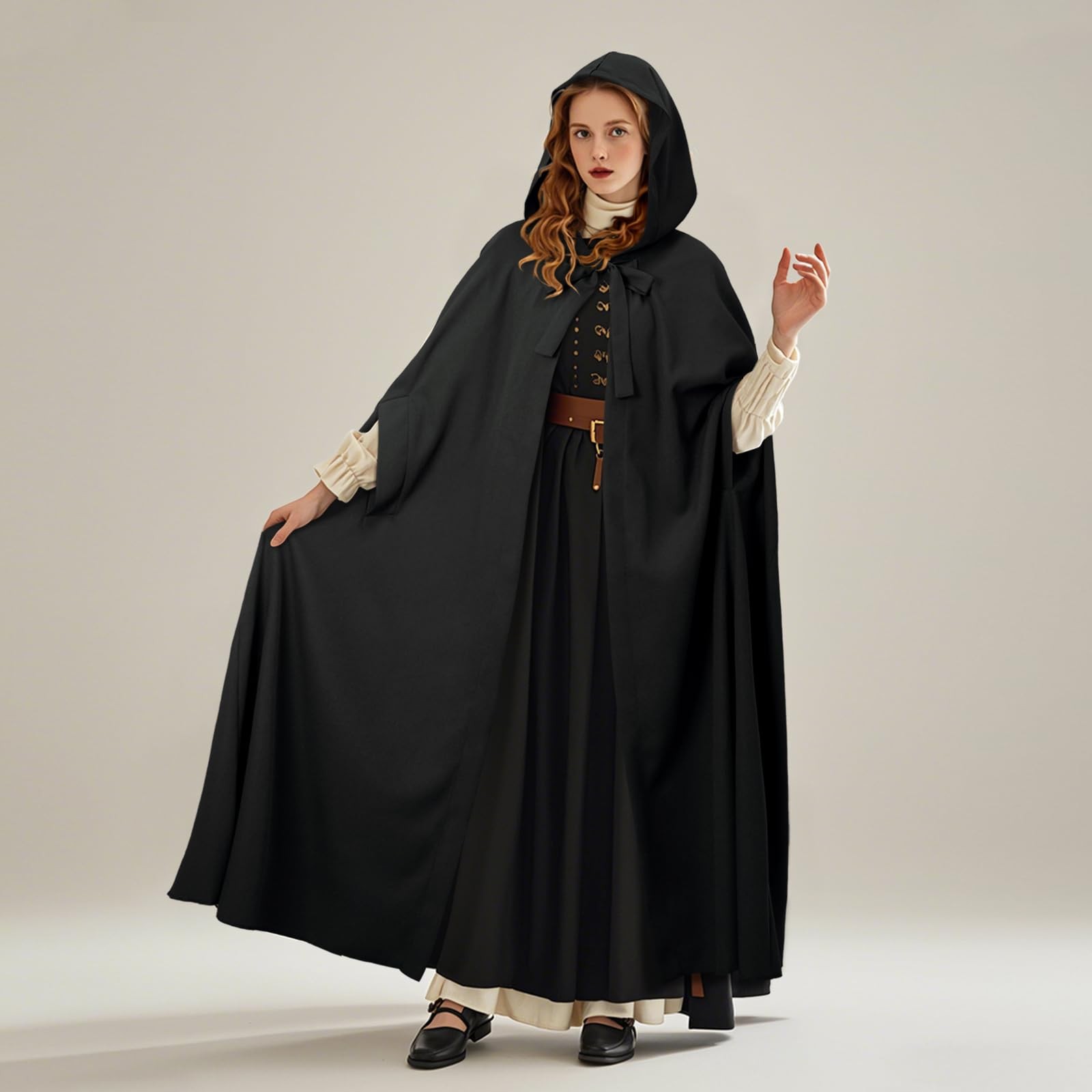 Renaissance Hooded Medieval Cloak Victorian Wizard Witch Standard, Black