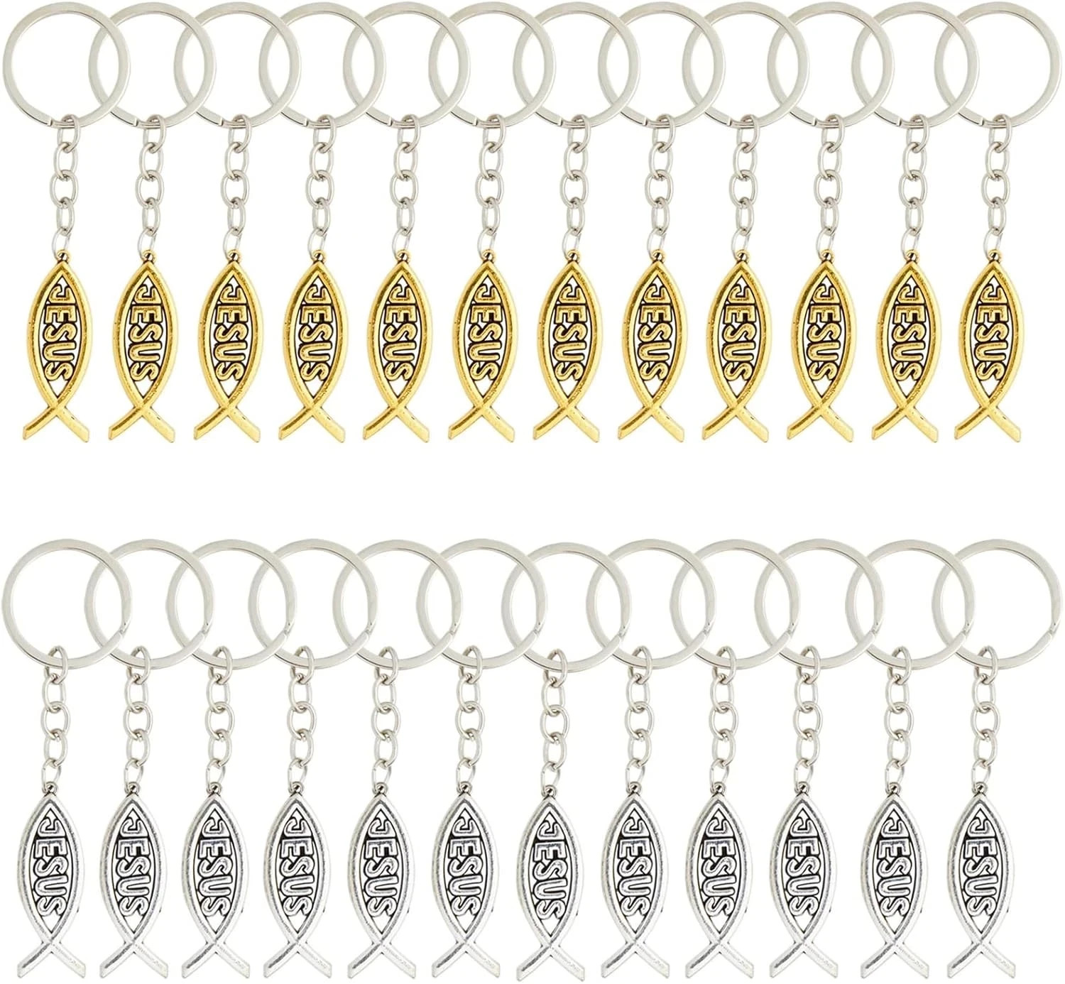 Jesus Fish Keychains 24-Pack Metal - 1 in Dia X 3 in L Gold & Silver Zinc Alloy
