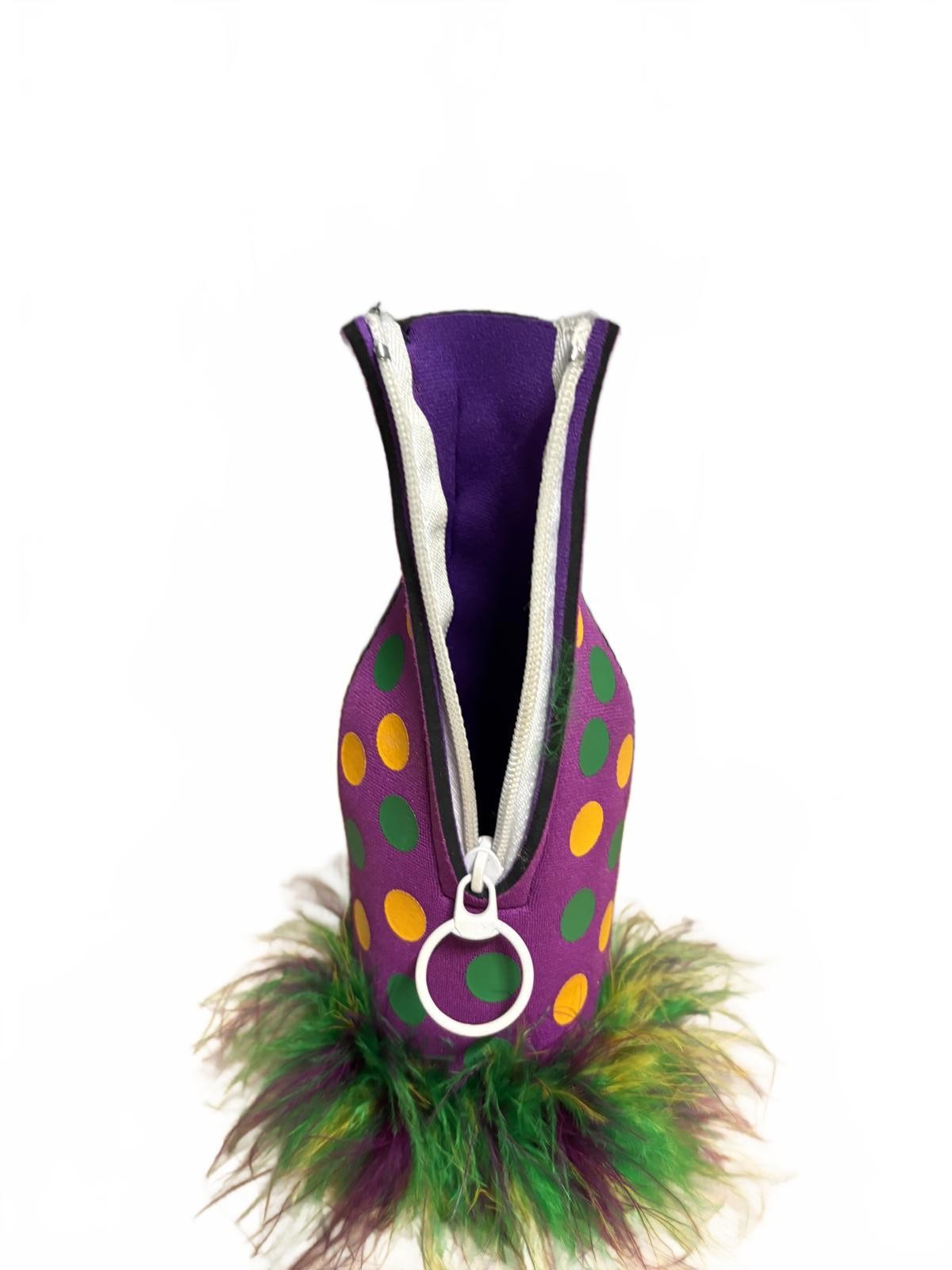 Mardi Gras Purple Polka Dot Bottle Cooler with Feather Trim