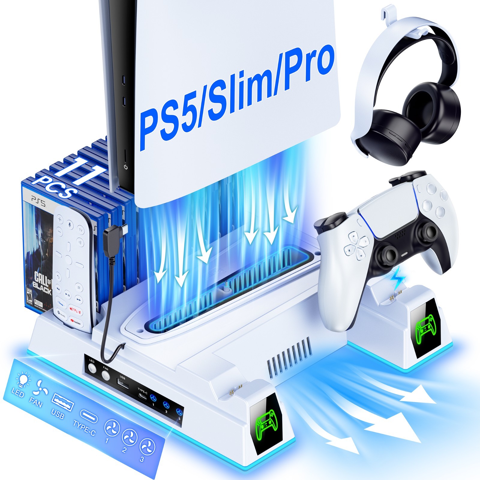 Vertical Cooling Stand for PS5/PS5 Pro/PS5 Slim,Dual Controller Charging Dock