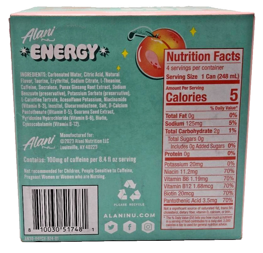 Alani Energy Drinks Juicy Peach 8.4 oz Cans (4 Pack) Zero Sugar 100mg caffeine