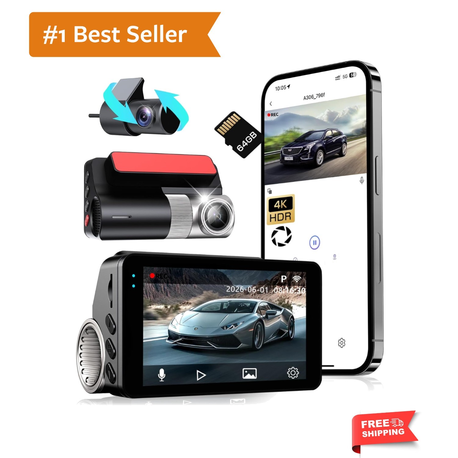 4K Dash Cam Front and Rear, G-Sensor, Free 64GB Card Included, 5.8GHz WiFi wi...