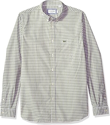 Lacoste Men's Gingham Poplin Regular Fit, Button Front Shirt, Slate/White/Green