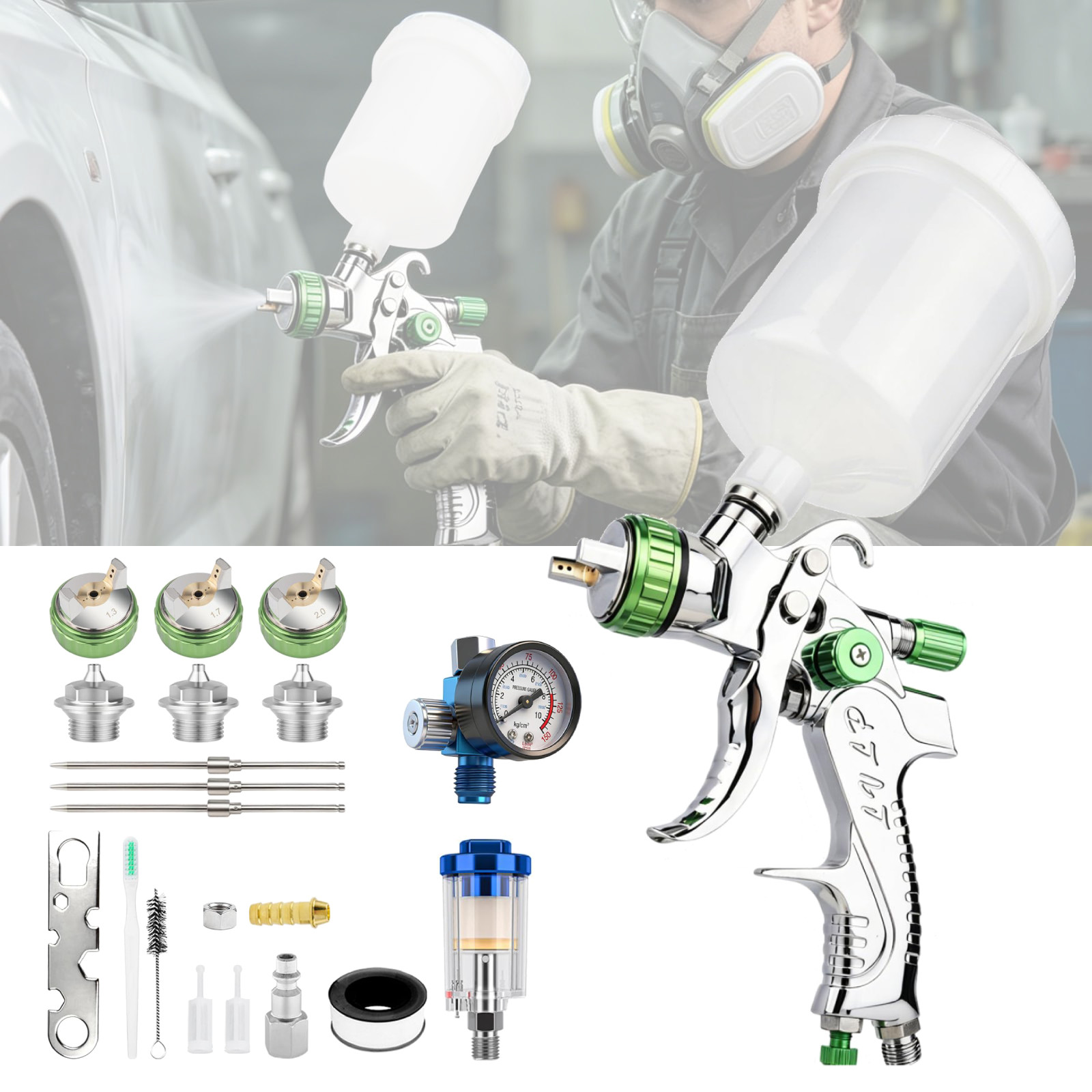 LVLP Spray Air Gun 1.3/1.7/2.0mm Plastic Cup 600cc For Home Car Furniture Repair