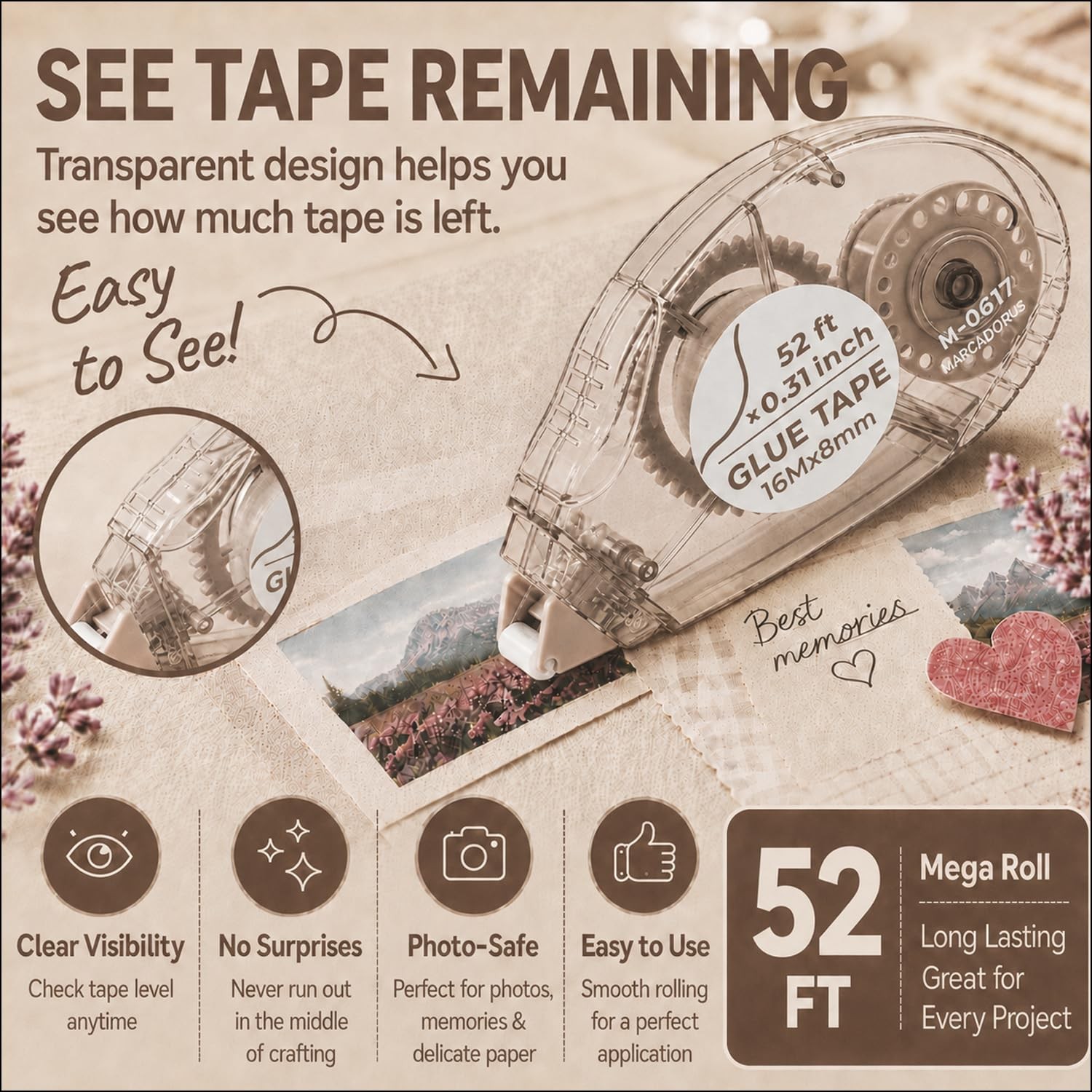 MARCADORUS Double Sided Tape Roller 8 Pack 52 Ft Each