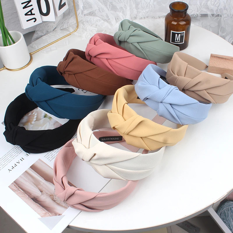 New Fashion Women Headband Solid Color Wide Side Hairband Center Knot Casual Tur