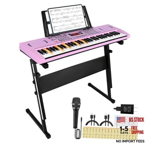 Keyboard Piano 61 Lighted Keys, Electric Keyboard Kit Piano with Stand Pink