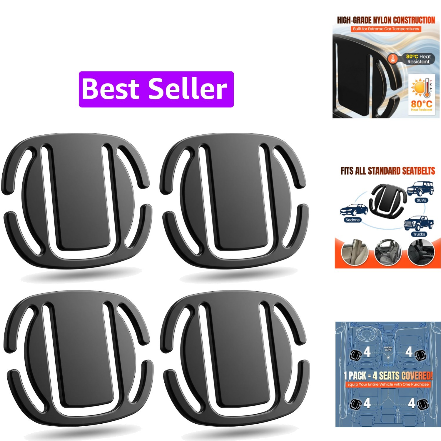 Car Shoulder Strap Positioner Clip, Black 4 Pack, Durable Nylon Strap Adjuste...